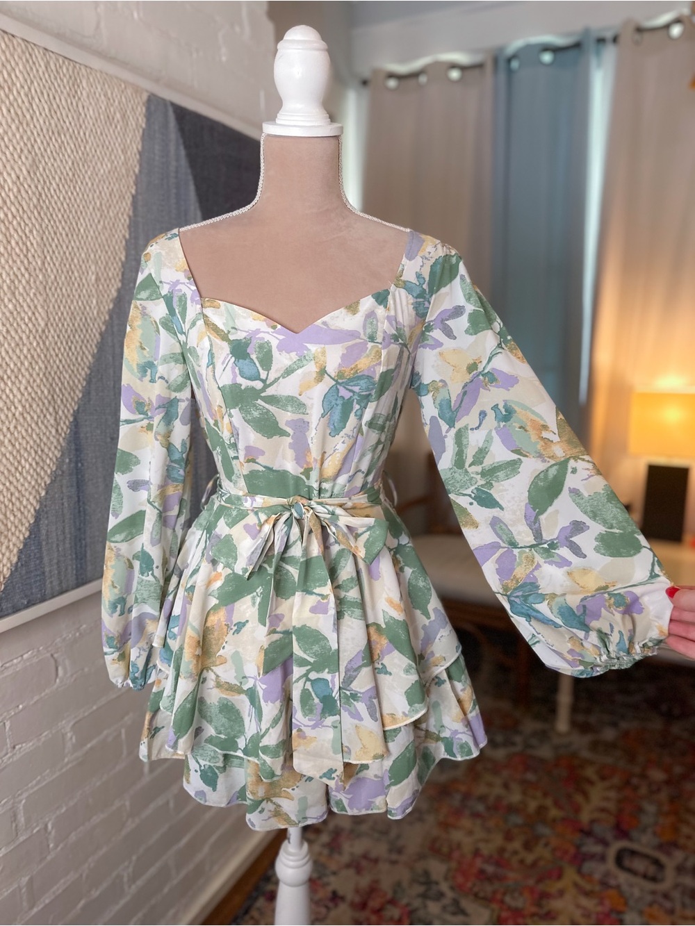 Simplee Green and Purple Floral Puff Sleeve Ruffle Romper
